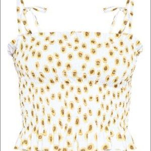 White Sunflower Printed Shirred Tie Detail Top